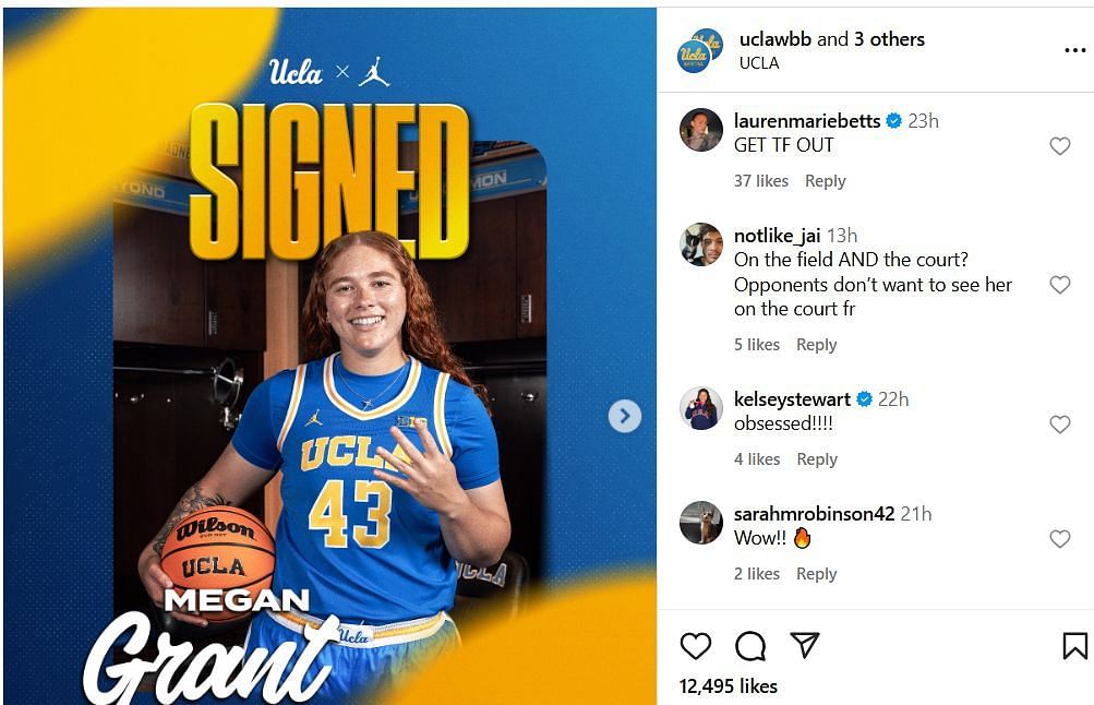 Lauren Betts and others react to Megan Grant joining the Bruins' team on IG. Image via @uclawbb
